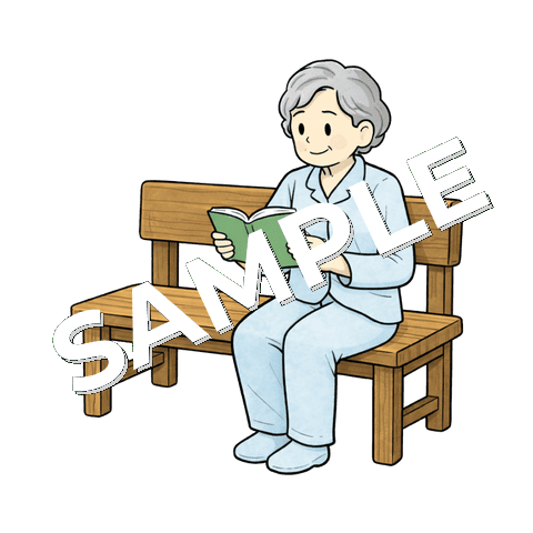 ベンチで本を読む高齢女性患者のイラスト