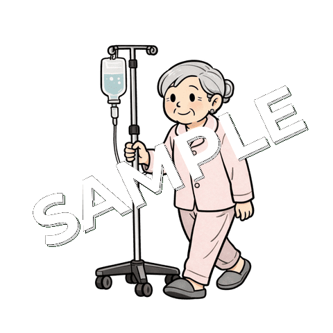 点滴台を押しながら歩く高齢女性患者（パジャマ）のイラスト