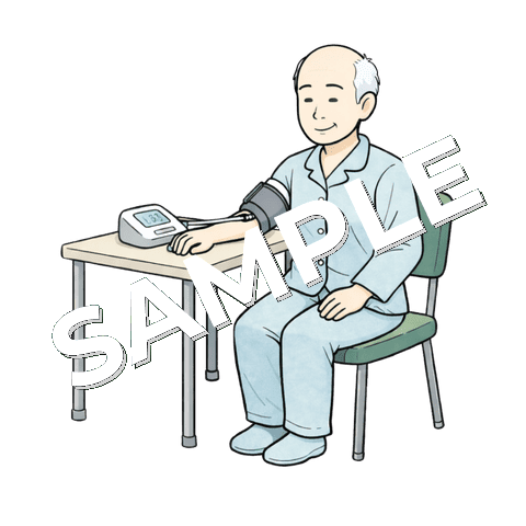 血圧を測る高齢男性患者のイラスト