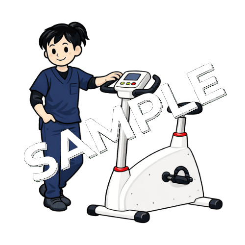 エルゴメーターと女性理学療法士のイラスト