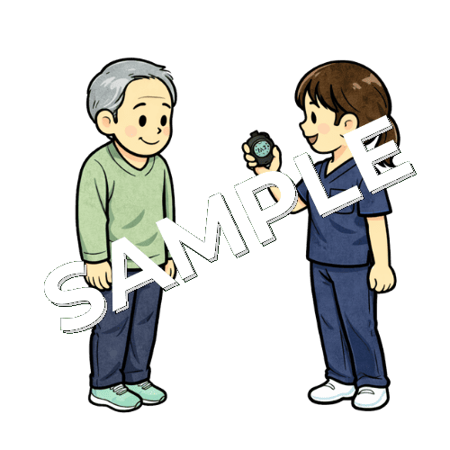 閉脚立位保持をする患者とタイムを計る女性理学療法士のイラスト