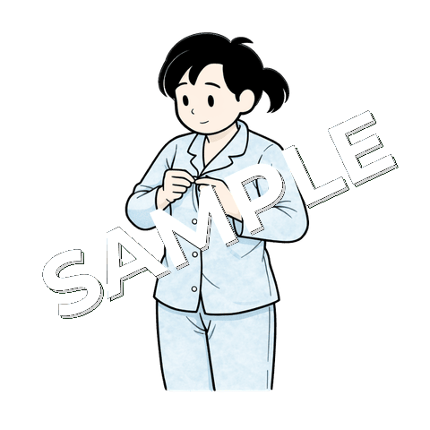 パジャマのボタンを留める女性患者のイラスト