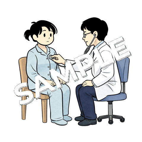 聴診器を当てられている女性患者のイラスト