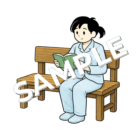 ベンチで本を読む女性患者のイラスト