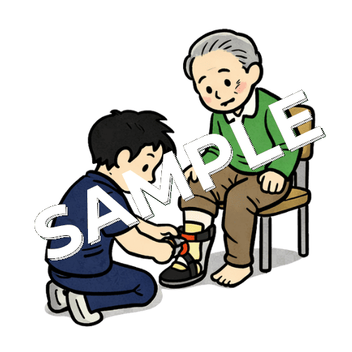 高齢男性患者の足に短下肢装具を装着する男性理学療法士のイラスト