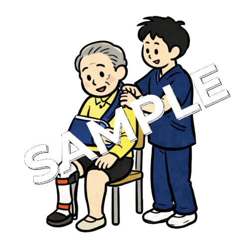 高齢男性患者にアームスリングと短下肢装具を装着する男性理学療法士のイラスト