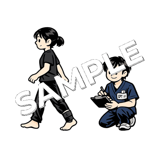 歩行分析をする男性理学療法士と女性患者のイラスト