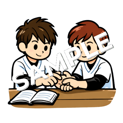 手の施術の勉強会をしている男性あん摩マッサージ指圧師のイラスト