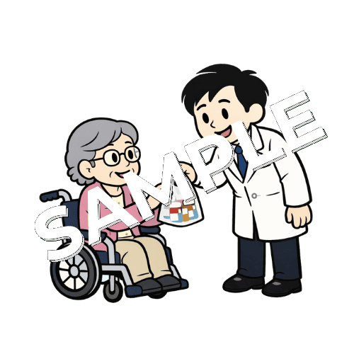 高齢女性患者に薬を渡す男性薬剤師のイラスト