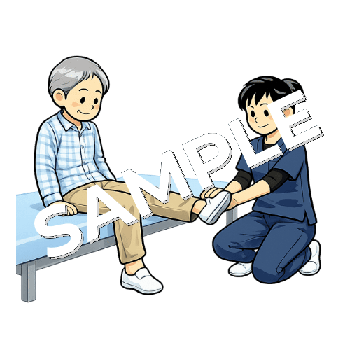 膝関節伸展のMMT評価を行う女性理学療法士のイラスト