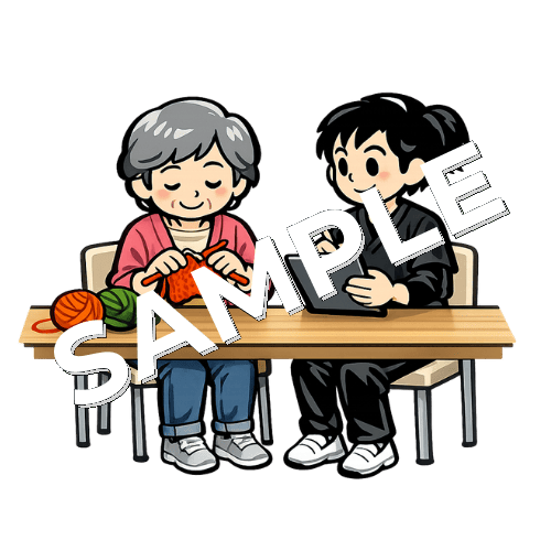 編み物をする患者と女性作業療法士のイラスト