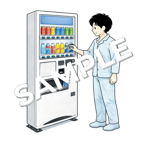 自動販売機で飲み物を買う男性患者のイラスト