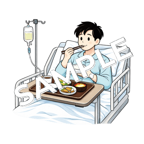 病院食を食べている男性患者のイラスト