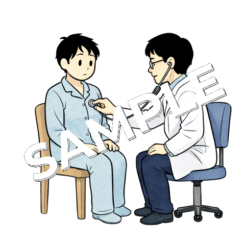 聴診器を当てられている男性患者のイラスト