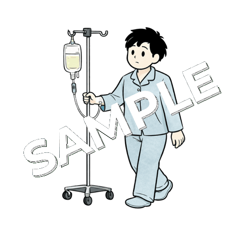点滴台を押しながら歩く男性患者のイラスト