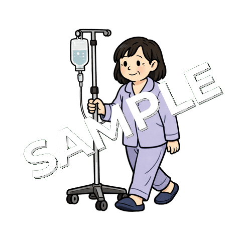 点滴台を押しながら歩く中年女性患者のイラスト
