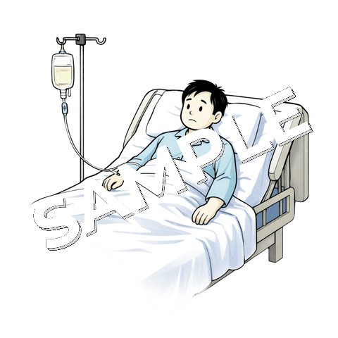 病院ベッドに寝ている中年男性患者のイラスト
