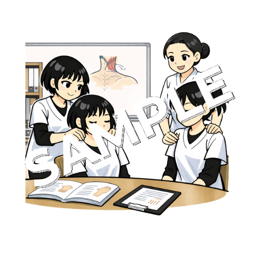 頸部の施術の勉強会をしている女性あん摩マッサージ指圧師のイラスト