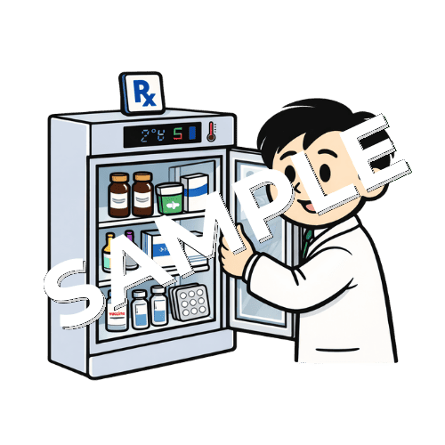 薬用冷蔵ショーケースを開けて中を見る男性薬剤師のイラスト