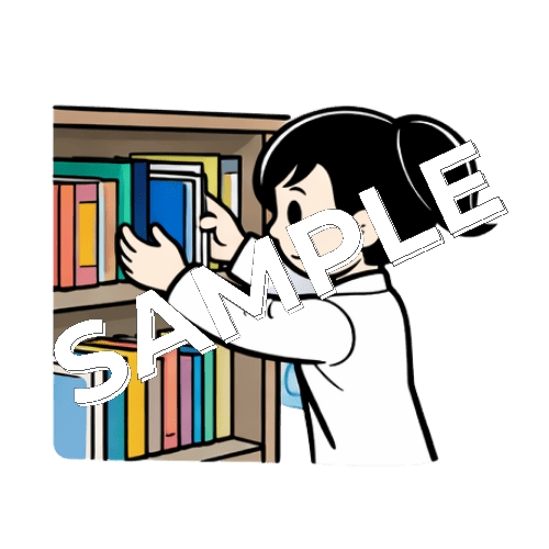 本棚を整頓する女性薬剤師のイラスト