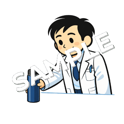 水筒を机の上に置く男性薬剤師のイラスト