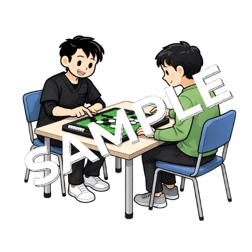 患者とオセロをする男性作業療法士のイラスト