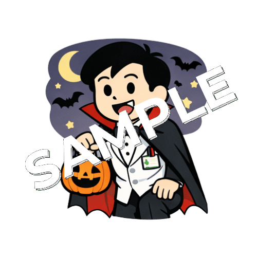 ハロウィンの仮装をする男性薬剤師のイラスト