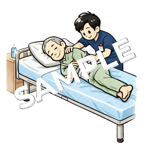 高齢男性患者の体位変換を行う男性理学療法士のイラスト