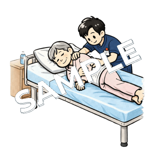 高齢女性患者の体位変換を行う男性理学療法士のイラスト