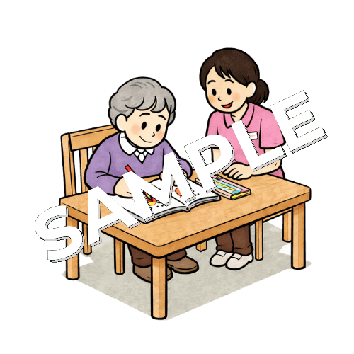 塗り絵をする女性患者と女性作業療法士のイラスト