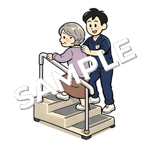 高齢女性患者の階段昇降訓練を行う男性理学療法士のイラスト