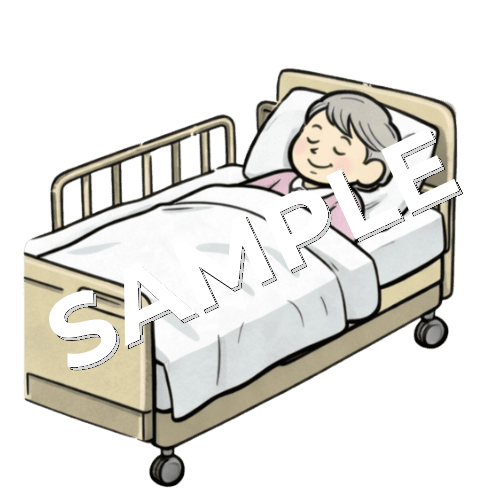 病室のベッドで寝ている高齢女性患者のイラスト