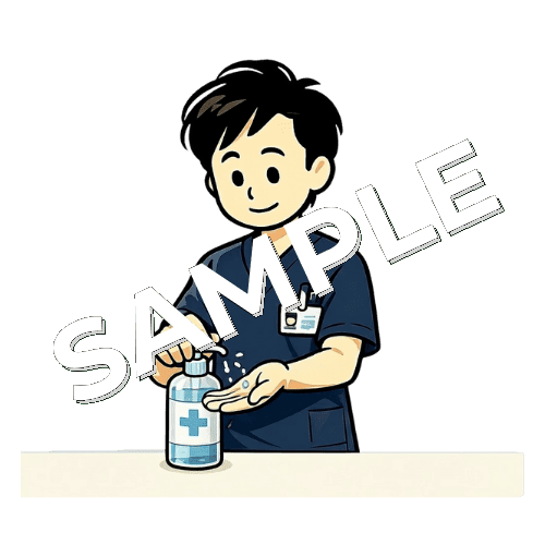 手指消毒をする男性理学療法士のイラスト