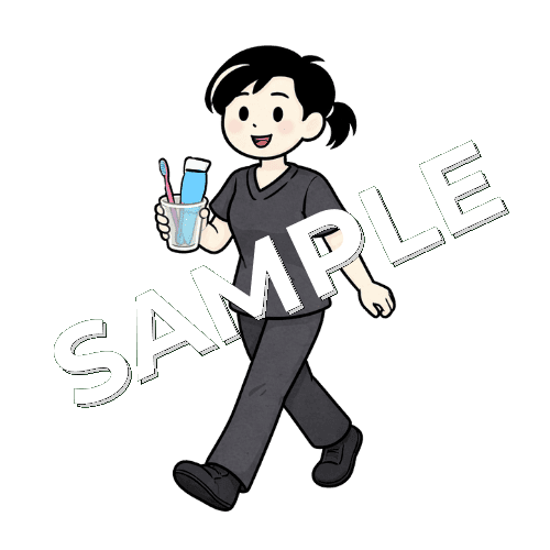 歯ブラシセットを持ち歩く女性鍼灸師のイラスト