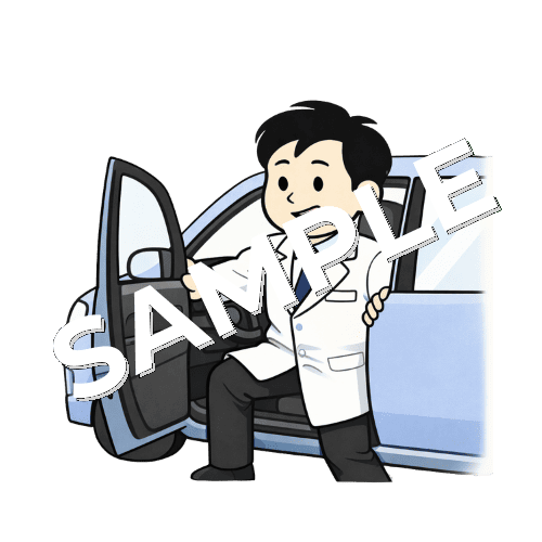 車から降りる男性薬剤師のイラスト