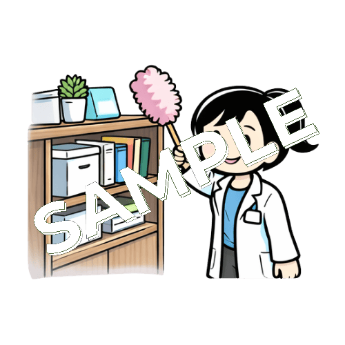 棚をハンディモップで掃除する女性薬剤師のイラスト