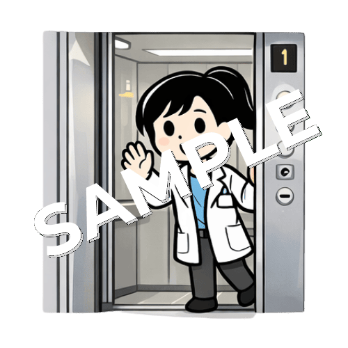 エレベーターに乗る女性薬剤師のイラスト