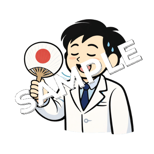 うちわで仰ぐ男性薬剤師のイラスト