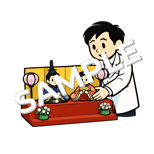 お雛様を飾る男性薬剤師のイラスト