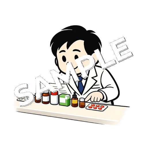 調剤台に薬を一直線に並べて指差し確認している男性薬剤師のイラスト