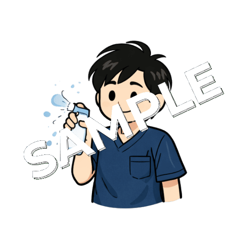 消臭スプレーを振りまく男性鍼灸師のイラスト