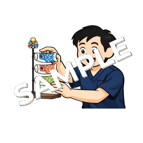 鯉のぼりの置物を飾る男性鍼灸師のイラスト