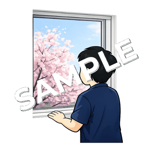 窓から桜を見る男性鍼灸師のイラスト