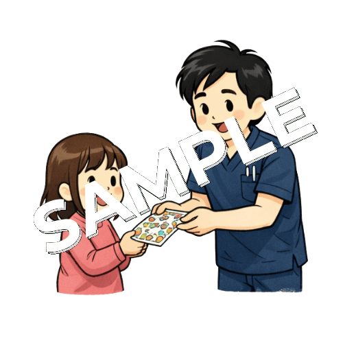 女の子にご褒美シールを渡す男性鍼灸師のイラスト