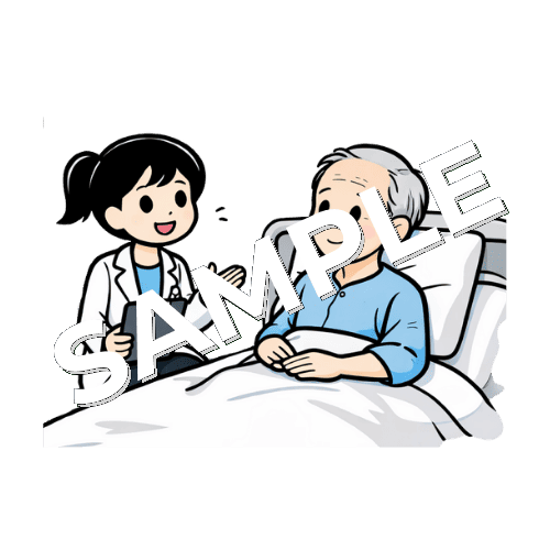 ベッド横で高齢患者に服薬指導をする女性薬剤師のイラスト