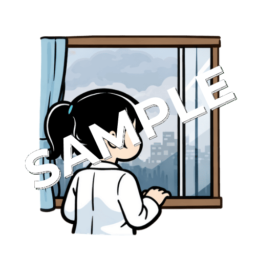 窓から曇り空を見る女性薬剤師のイラスト