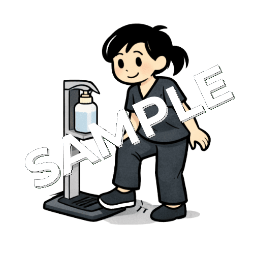 足で踏むタイプの消毒液を使う女性鍼灸師のイラスト