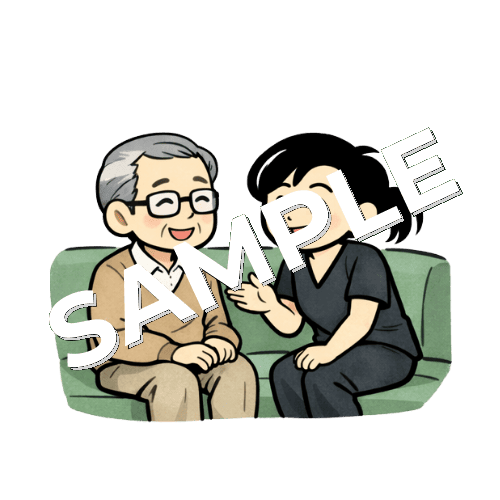 待合室で患者と談笑する女性鍼灸師のイラスト