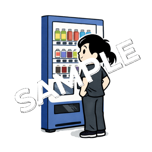 自動販売機の前に立つ女性鍼灸師のイラスト