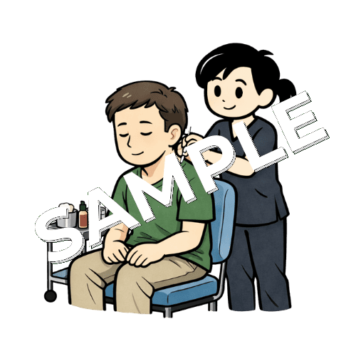 患者の首を鍼治療している女性鍼灸師のイラスト